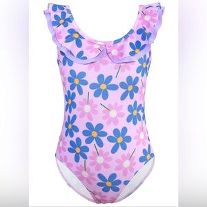 Little Girls One Piece Swimsuit Purple Floral Ruffle Bathing Suit 8-9 Years New